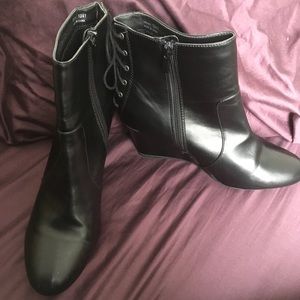 Black faux leather lace up ankle boots